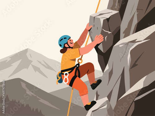 Flat Design of Adventurer Climbing Rock Wall - Flat 2D Vector Illustration