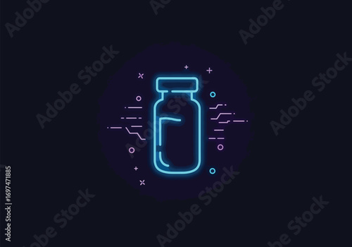 A glowing neon illustration of a medicine vial against a dark background.
