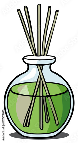 Green aromatherapy reed diffuser with wooden sticks illustration