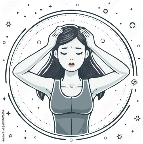 Line art illustration of a stressed woman holding her head from a severe headache migraine or dizziness