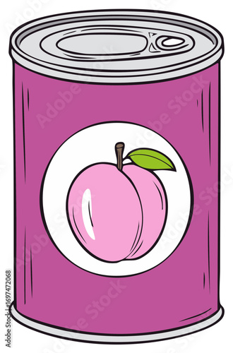 Cartoon style canned peaches illustration, pink label with fruit, white background.