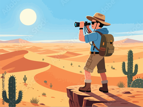 Flat Design of Adventurer on Cliff Overlooking Desert - Flat 2D Vector Illustration