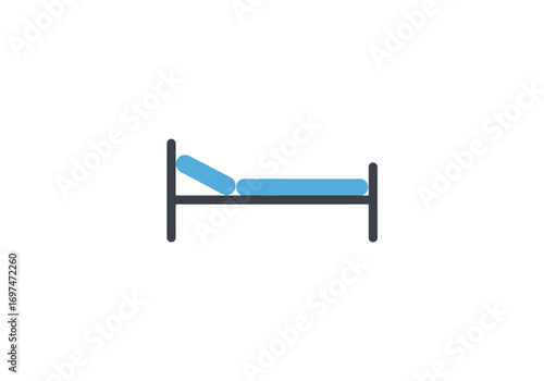 Simple illustration of a hospital bed with a raised headrest, depicted in blue and dark gray.