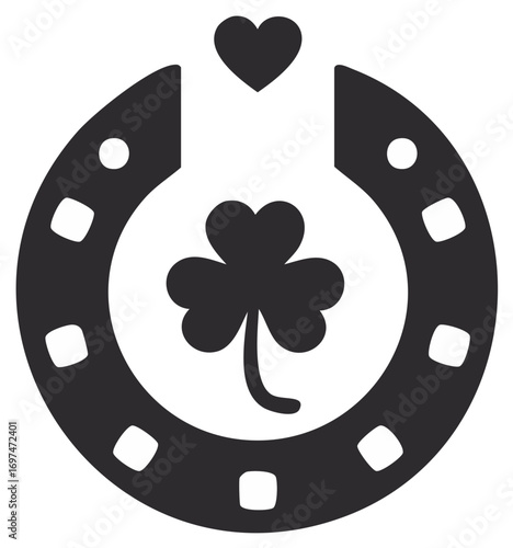 Good luck charm Horseshoe with three leaf clover and heart, luck, St Patrick's Day celebration vector icon