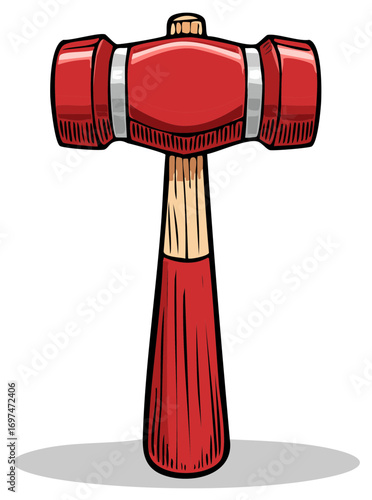 Illustrated red soft faced mallet with a wooden handle standing upright in a cartoon comic book style