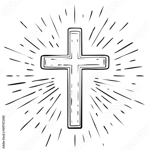 Christian cross with emanating light rays faith symbol icon religious art design.