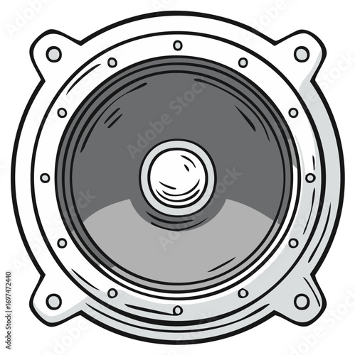 Retro cartoon style illustration of a round speaker, monochrome design
