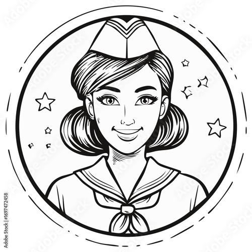 Smiling retro flight attendant woman portrait in vintage uniform hand drawn illustration