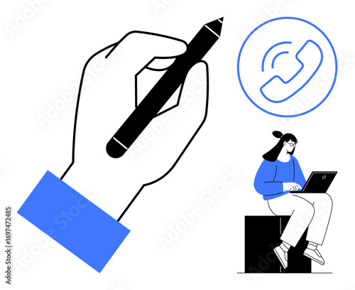 Hand holding pen, woman sitting with laptop, phone call icon. Ideal for communication, remote work, creativity, connection, multitasking digital interaction teamwork. Simple flat metaphor