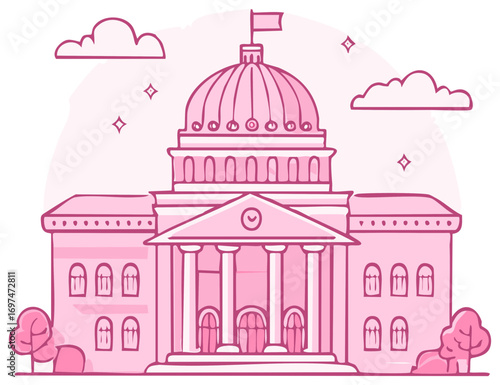 Whimsical Government Capitol Building Doodle Style Illustration with Clouds and Stars Pink Color Palette