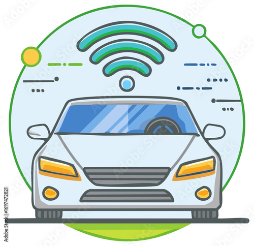 Modern autonomous vehicle with wireless connectivity signal and circular graphic