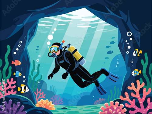 Flat Design of Adventurer Diving in Underwater Cave - Flat 2D Vector Illustration