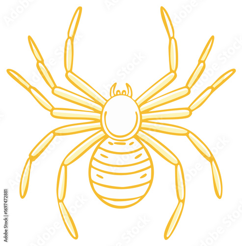 Top down view of a stylized golden yellow spider cartoon icon with eight legs and a striped abdomen