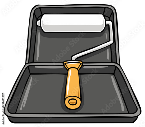 Painter's roller sits in a paint tray ready for painting, tools, renovation, illustration
