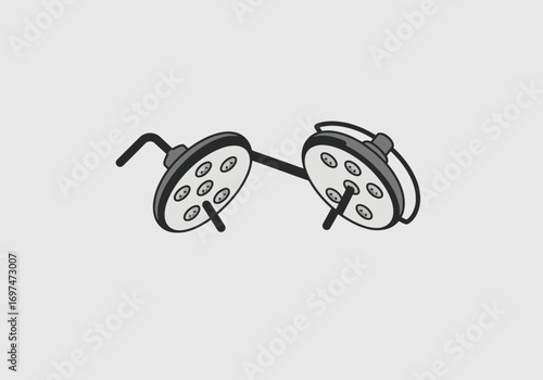 Illustration of surgical lights, depicting two circular lamps, suspended and angled.