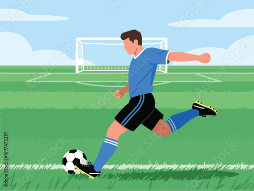Flat Design of Soccer Player Kicking Ball Toward Goal - Flat 2D Vector Illustration