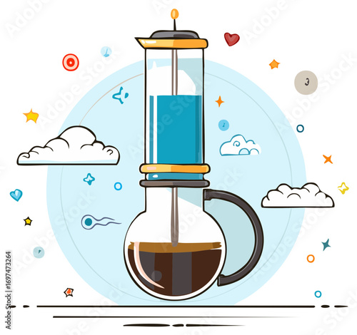 Vacuum coffee maker brewing with floating clouds and celestial elements