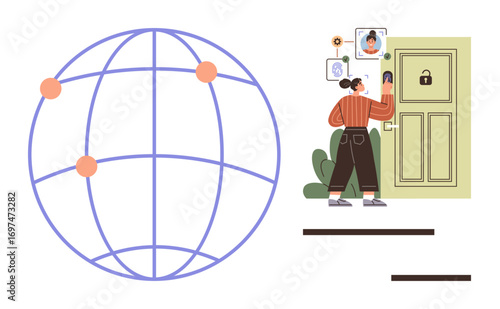 Woman interacting with a smart door lock system, using global data. Ideal for security, technology, innovation, connection, smart home, global network digital protection. Simple flat metaphor