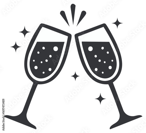 Sparkling Champagne Flutes Toasting Icon, Celebration and Party Drink Design Element