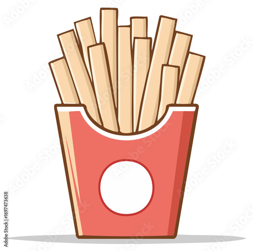 Crispy French Fries in a Classic Red Paper Container Cartoon Style