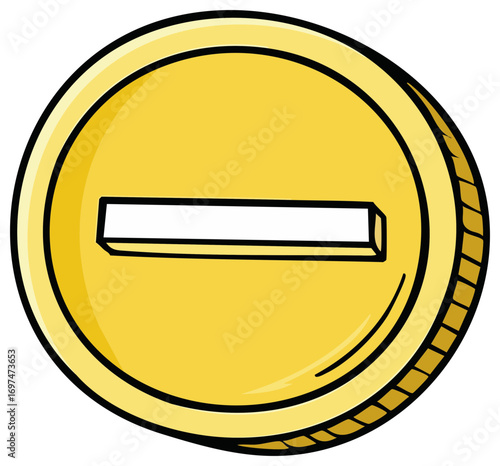 Cartoon Illustration of a Gold Coin with a Minus Sign, Iconography.