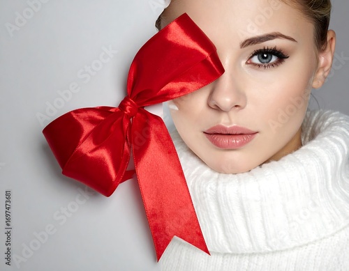 Woman with red ribbon covering eye