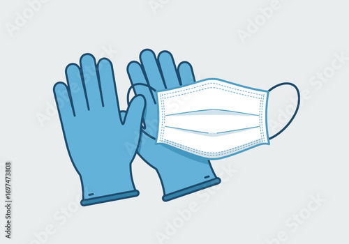 Illustration depicts medical gloves and a face mask, representing health protection.