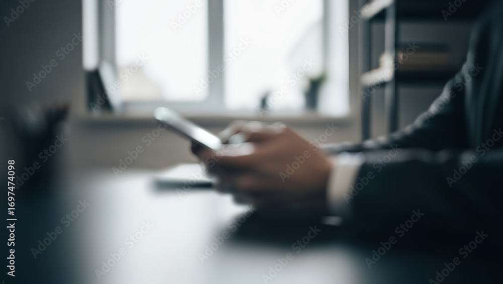 Fototapeta premium Person in suit uses a tablet device indoors near a window and shelving.