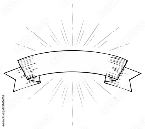 Vintage hand drawn ribbon banner illustration with sunburst rays for text and titles