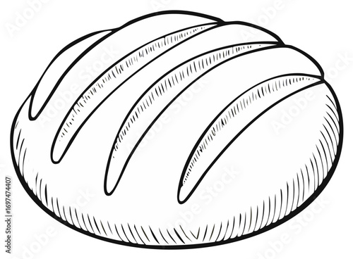 Loaf of Bread: Freshly baked, crusty loaf outlined with distinctive ridges, food illustration
