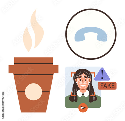 Steaming coffee cup, phone receiver, and facial recognition warning with fake label. Ideal for AI ethics, technology awareness, communication, media trust, digital security, office life simple flat