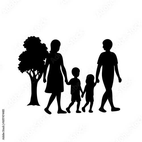 A silhouette of a family walking with a tree for a happy day
