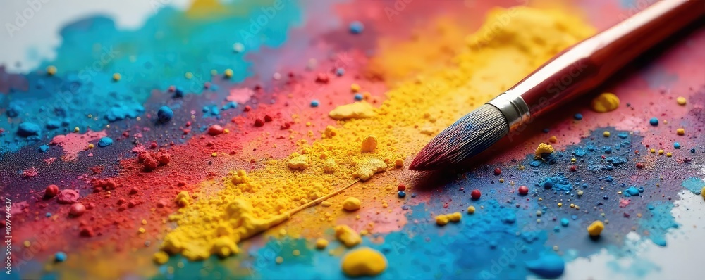 Obraz premium A paintbrush rests on a vibrant canvas, surrounded by scattered tubes of paint, symbolizing the creative process and artistic expression , artwork, fine art