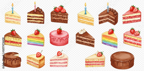 A colorful collection of watercolor illustrations featuring various cakes, slices, and sweet desserts with strawberries and candles.
