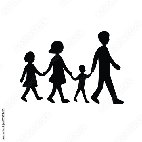 Black and white depiction of a family holding hands and walking