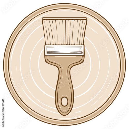Painter's Brush on Paint Filled Tray Beige Circle Drawing Artistic Style Icon