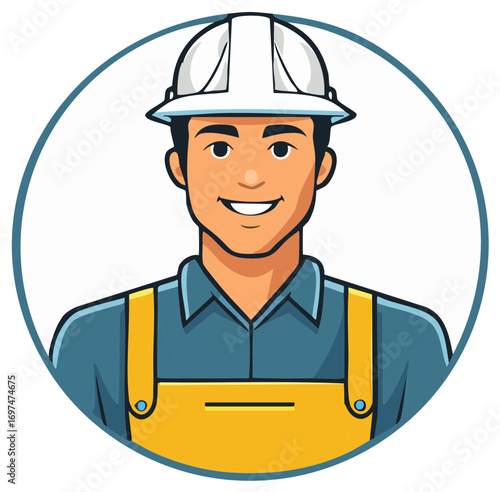 Smiling construction worker in hard hat, round frame