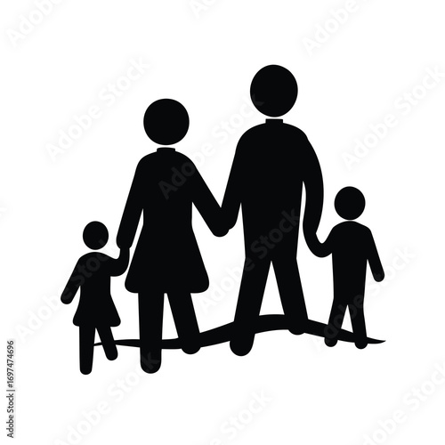 Family walking together holding hands with two children in solid black