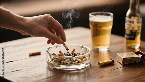 The melancholic man was holding a cigarette, and there was also beer on the table.