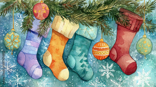 Brightly colored Christmas stockings are hanging from the edge of a wreath made of evergreen branches, with snowflakes and decorative patterns in the background.
