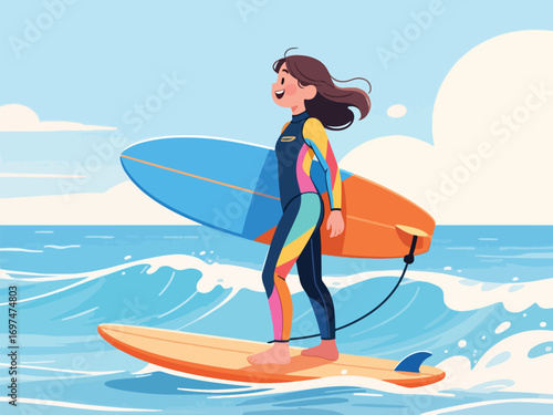 Flat Design of Young Surfer Girl Standing on Surfboard - Flat 2D Vector Illustration