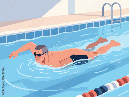 Flat Design of Swimmer Doing Breaststroke in Pool - Flat 2D Vector Illustration