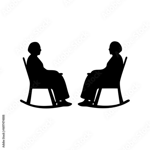 Two women sitting in rocking chairs facing each other in silhouette style