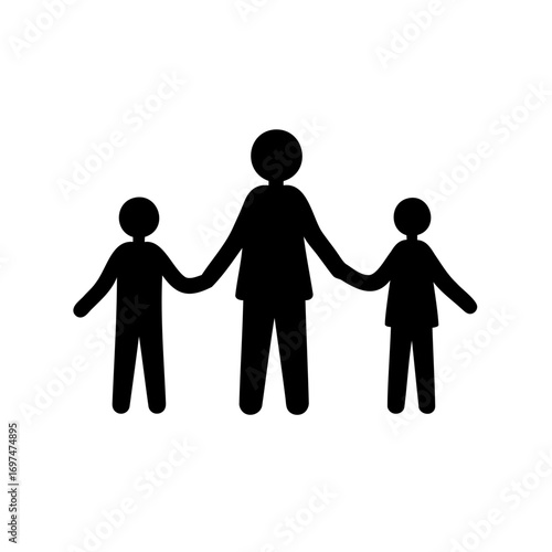 Simple black silhouette illustration depicting a parent or guardian with two children