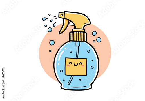 Cute cartoon spray bottle dispensing water droplets, with a happy expression.