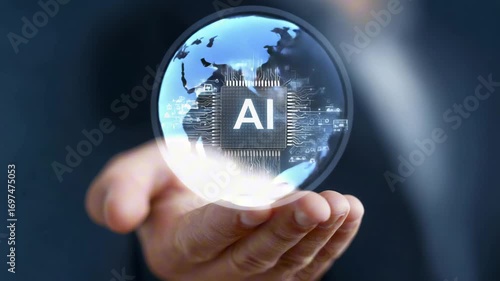 A man is holding a globe with the word AI ethics written. The globe is surrounded by AI robotic,Concept of the importance of ethical AI and the responsibility of those who create and use it