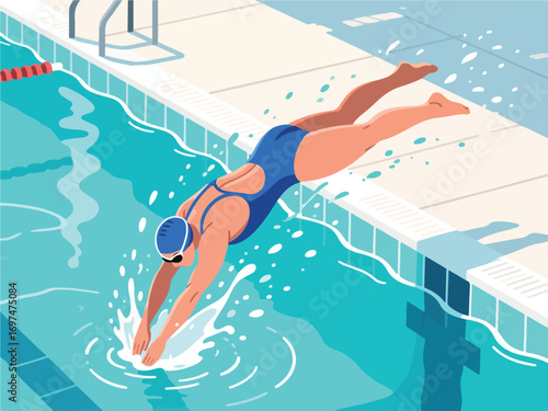 Flat Design of Swimmer Diving into the Pool - Flat 2D Vector Illustration