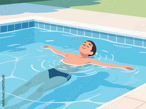 Flat Design of Swimmer Floating on Back in Calm Pool - Flat 2D Vector Illustration