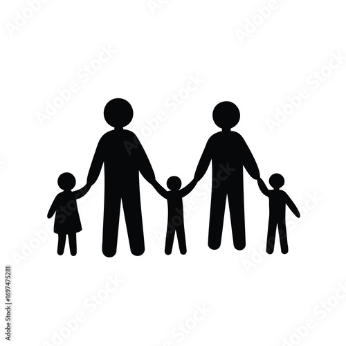 Silhouette Family with Two Adults and Three Children Holding Hands Icon