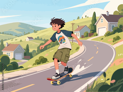 Flat Design of Skateboarder Cruising Down Hill in Suburban Neighborhood - Flat 2D Vector Illustration